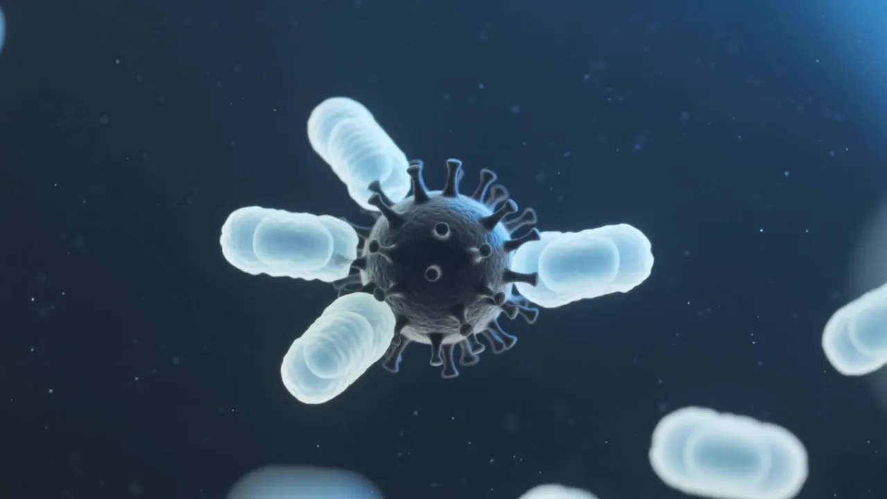 T-cells converging on a virus particle under the microscope
