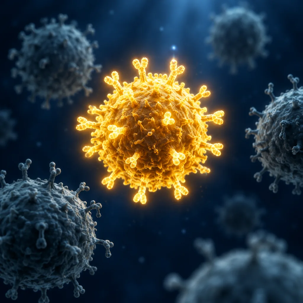 Illustration of a gold, highly activated T cell among dimmer T cells