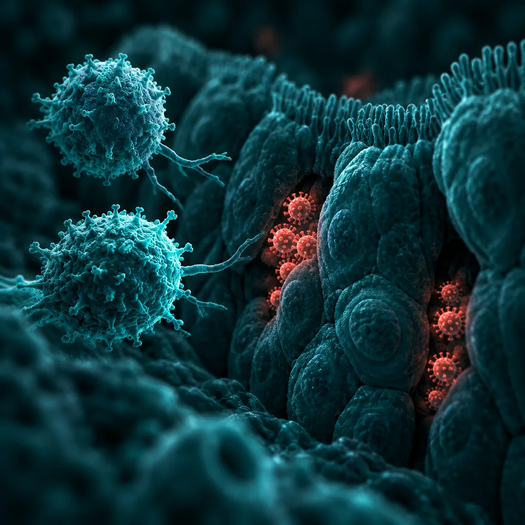 Illustration of T cells approaching clusters of virus hidden in tissue