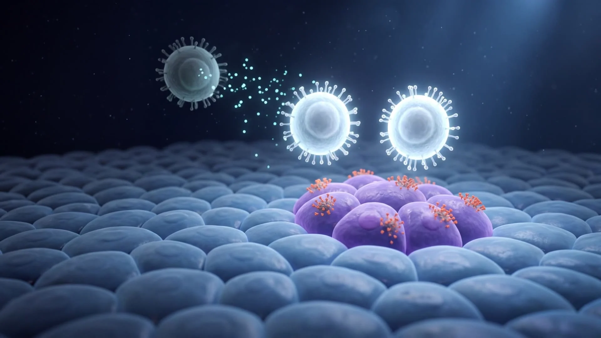 CD8+ killer T cells destroying only the SARS-CoV-2 infected cells in a bed of healthy tissue, which is left untouched